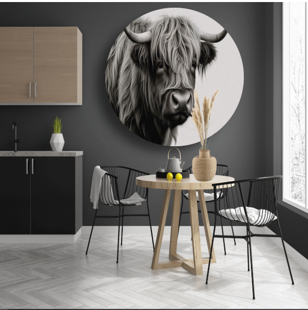 Minimalistische Schotse Hooglander in Zwart-Wit aluminium muurcirkel