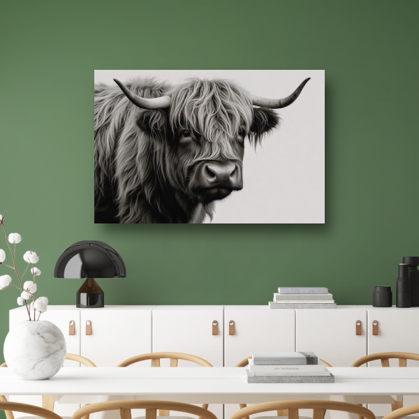 Minimalistische Schotse Hooglander in Zwart-Wit canvas met baklijst