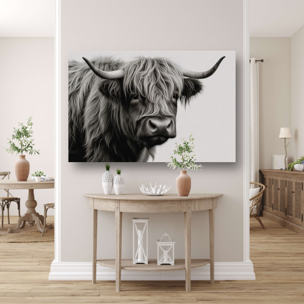 Minimalistische Schotse Hooglander in Zwart-Wit canvas met baklijst