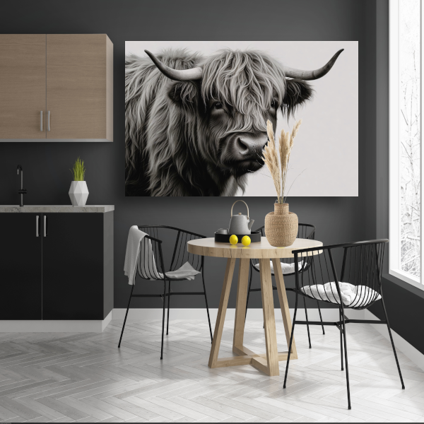 Minimalistische Schotse Hooglander in Zwart-Wit canvas met baklijst