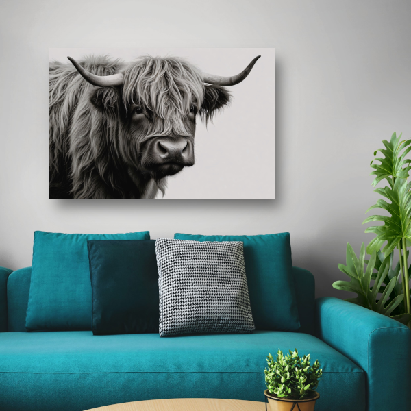 Minimalistische Schotse Hooglander in Zwart-Wit canvas met baklijst