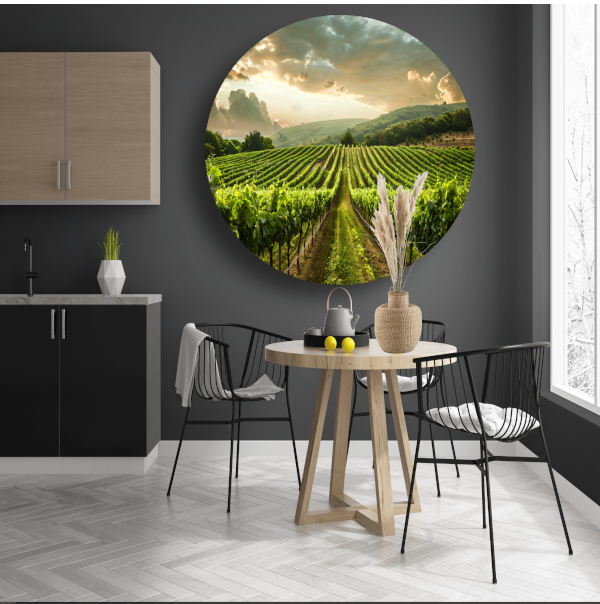 Zonsondergang in de Lush Wijngaard Heuvels aluminium muurcirkel