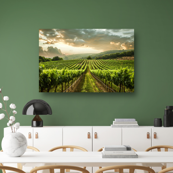 Zonsondergang in de Lush Wijngaard Heuvels canvas