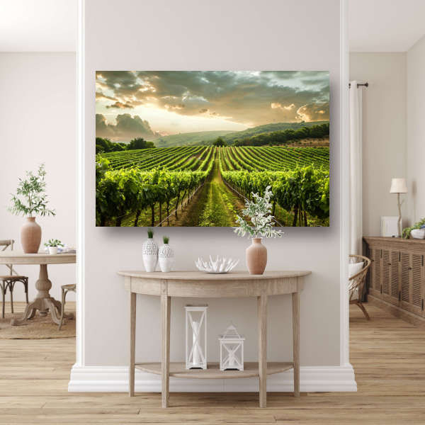 Zonsondergang in de Lush Wijngaard Heuvels canvas