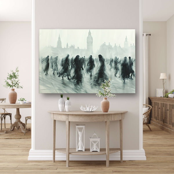 Schaduwfiguren voor een iconische skyline canvas met baklijst
