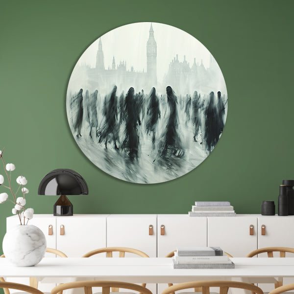 Schaduwfiguren voor een iconische skyline aluminium muurcirkel