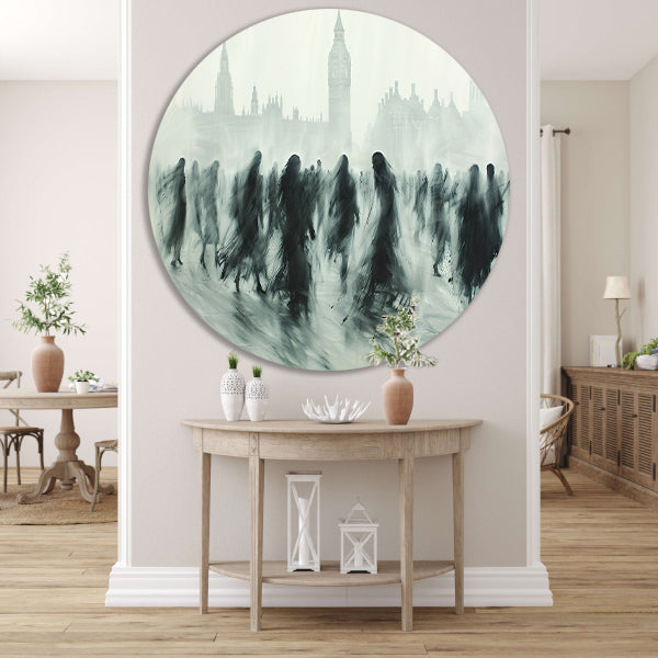 Schaduwfiguren voor een iconische skyline aluminium muurcirkel