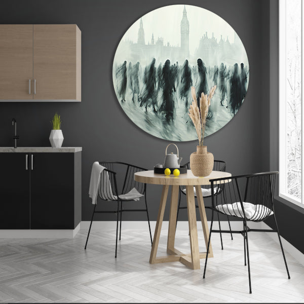 Schaduwfiguren voor een iconische skyline aluminium muurcirkel
