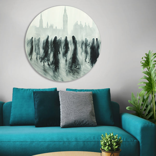 Schaduwfiguren voor een iconische skyline aluminium muurcirkel
