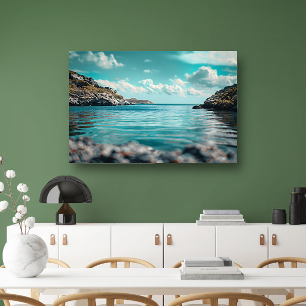 Rustgevende lagune met rotsachtige kustenposter