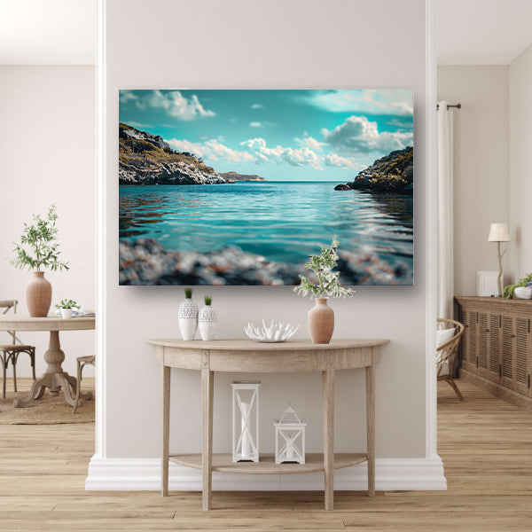 Rustgevende lagune met rotsachtige kustenposter