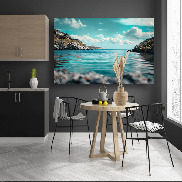 Rustgevende lagune met rotsachtige kustenposter