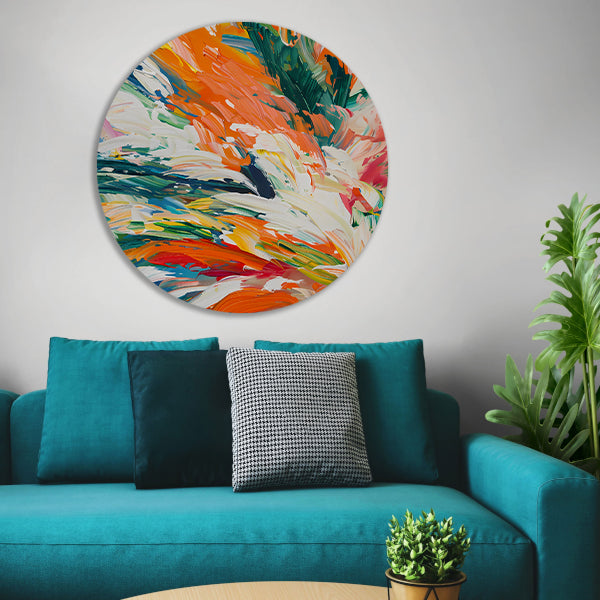 Kleurrijke abstracte bloemen met dynamische tinten aluminium muurcirkel