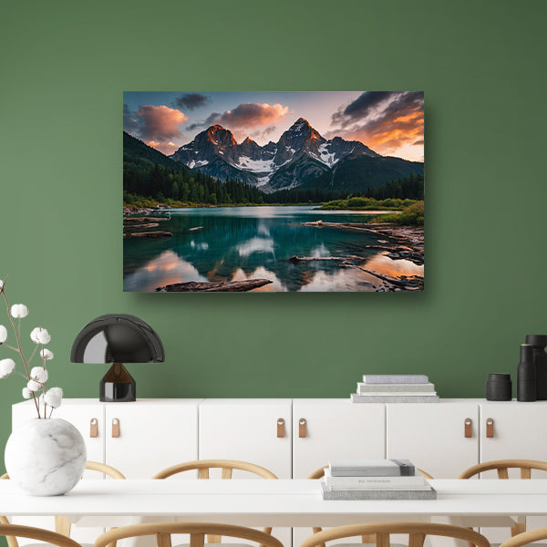 Adembenemend Berglandschap met Spiegelend Meer poster