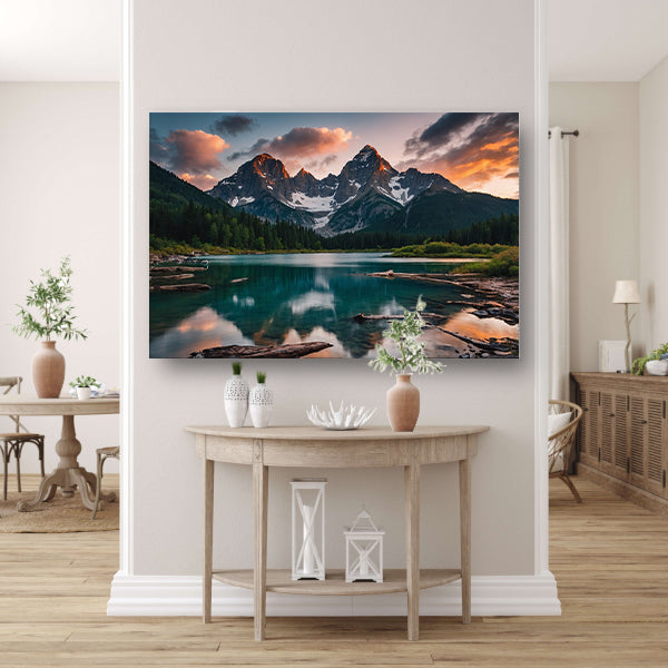 Adembenemend Berglandschap met Spiegelend Meer poster