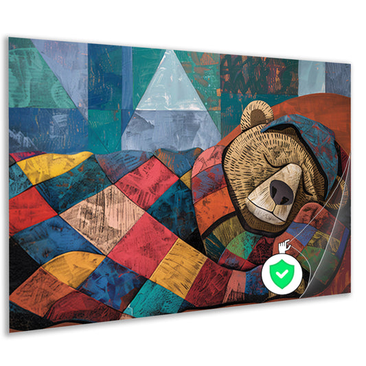 Kleurrijke slapende beer met geometrisch dekbed poster