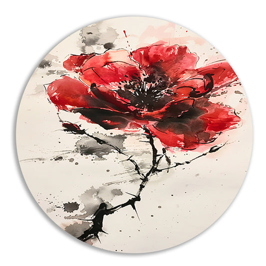 Abstracte aquarel schilderij van een rode bloem aluminium muurcirkel