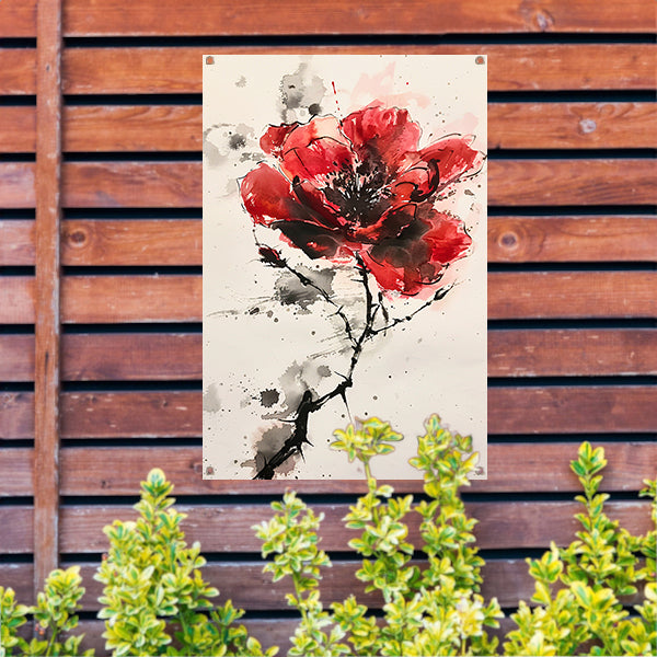 Abstracte aquarel schilderij van een rode bloem tuinposter