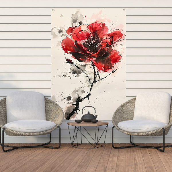 Abstracte aquarel schilderij van een rode bloem tuinposter