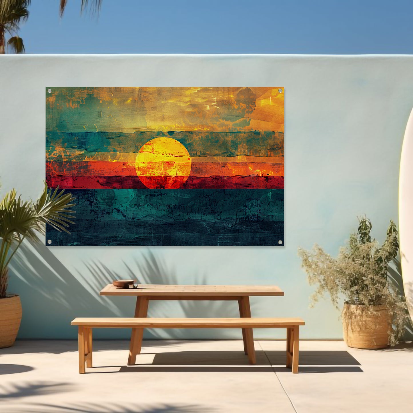 Abstracte digitale zonsondergang schilderij tuinposter