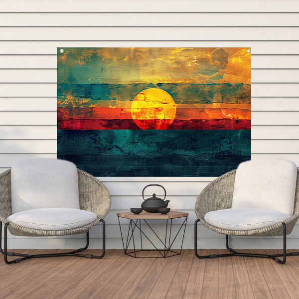 Abstracte digitale zonsondergang schilderij tuinposter