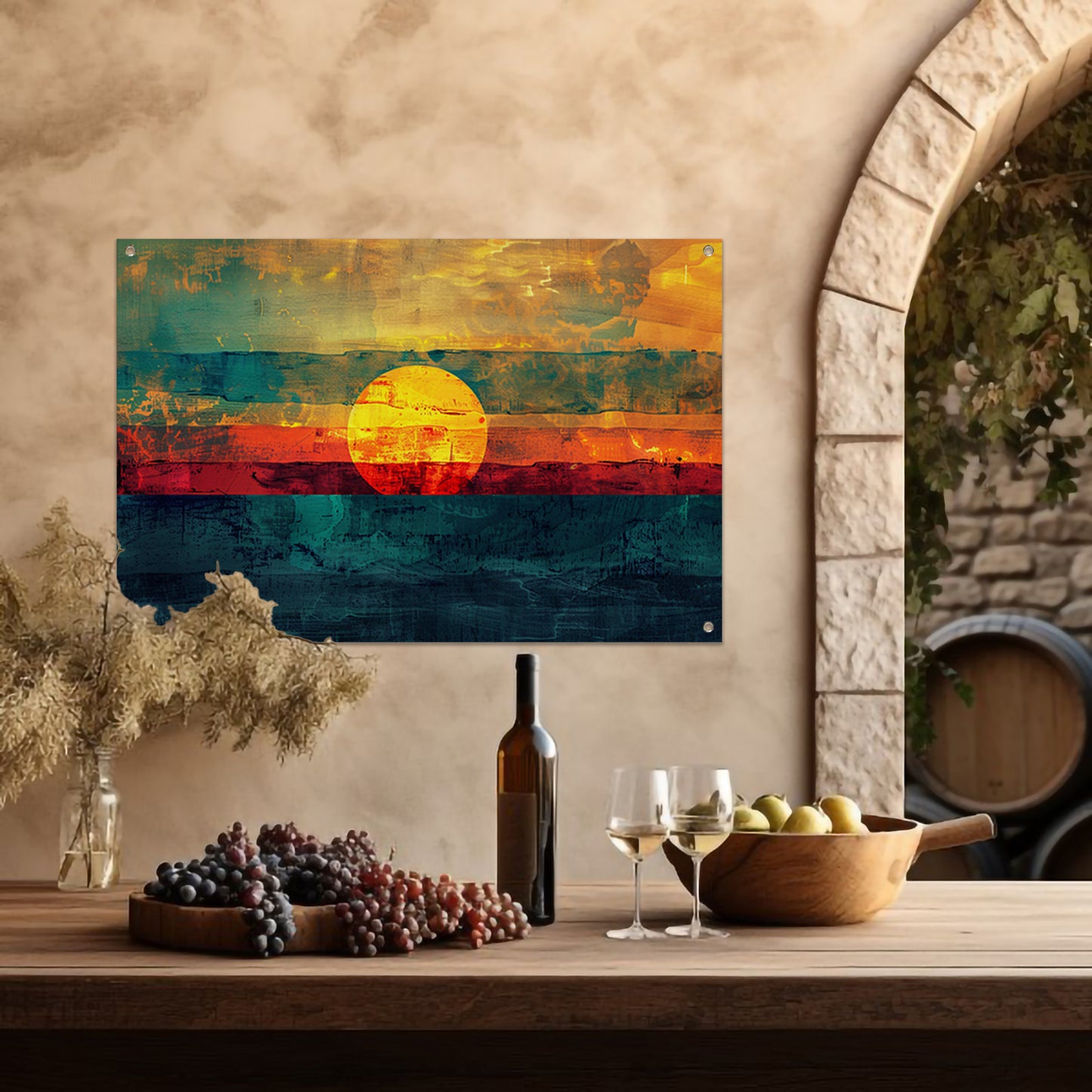 Abstracte digitale zonsondergang schilderij tuinposter