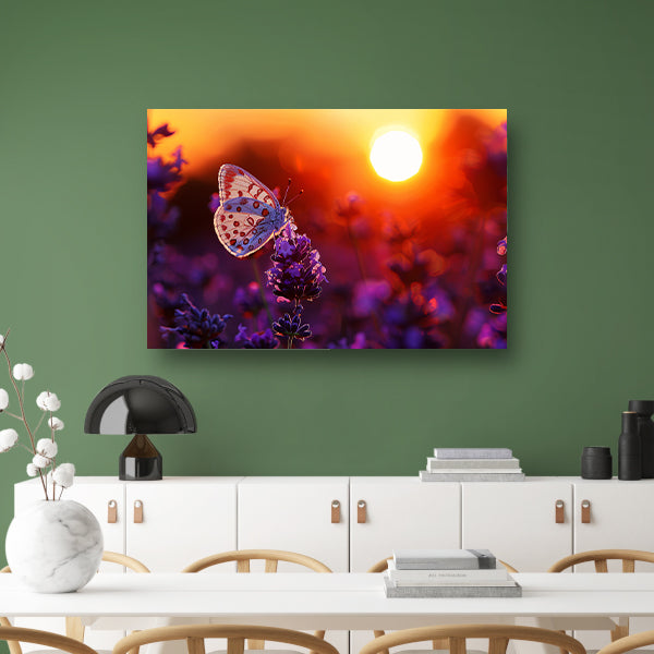Vlinder rust op lavendel in oranje zonsondergang canvas met baklijst
