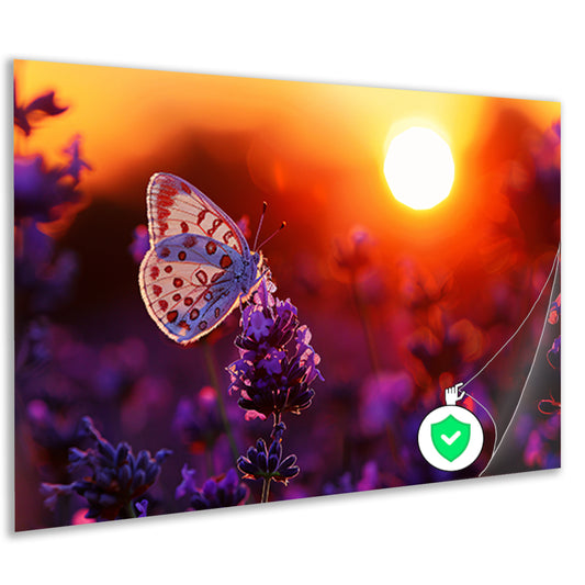 Vlinder rust op lavendel in oranje zonsondergang poster