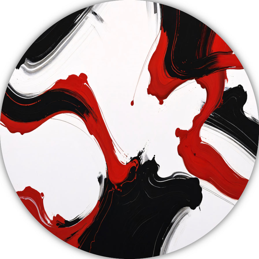 Contrastrijke abstractie in rood en zwart aluminium muurcirkel