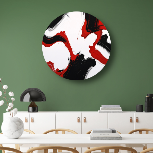 Contrastrijke abstractie in rood en zwart aluminium muurcirkel