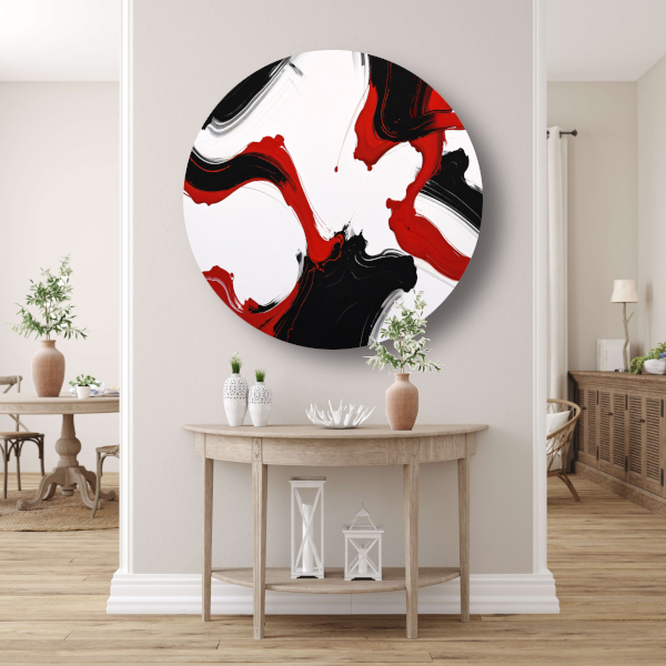 Contrastrijke abstractie in rood en zwart aluminium muurcirkel