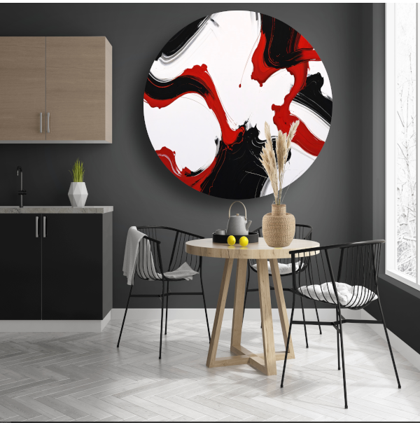 Contrastrijke abstractie in rood en zwart aluminium muurcirkel