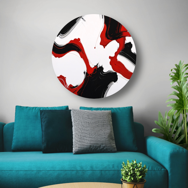 Contrastrijke abstractie in rood en zwart aluminium muurcirkel