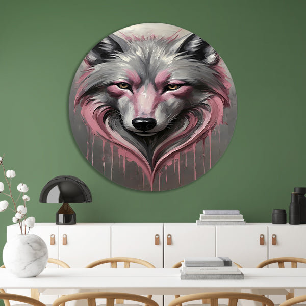 Abstracte Wolf in Druppels van Roze en Grijs aluminium muurcirkel