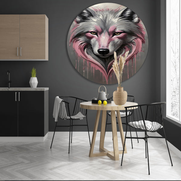 Abstracte Wolf in Druppels van Roze en Grijs aluminium muurcirkel