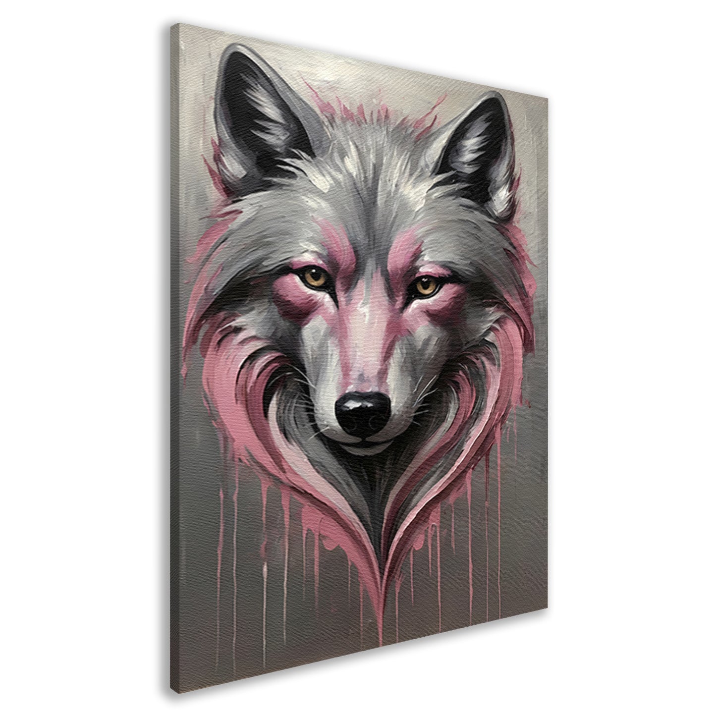 Abstracte Wolf in Druppels van Roze en Grijs canvas