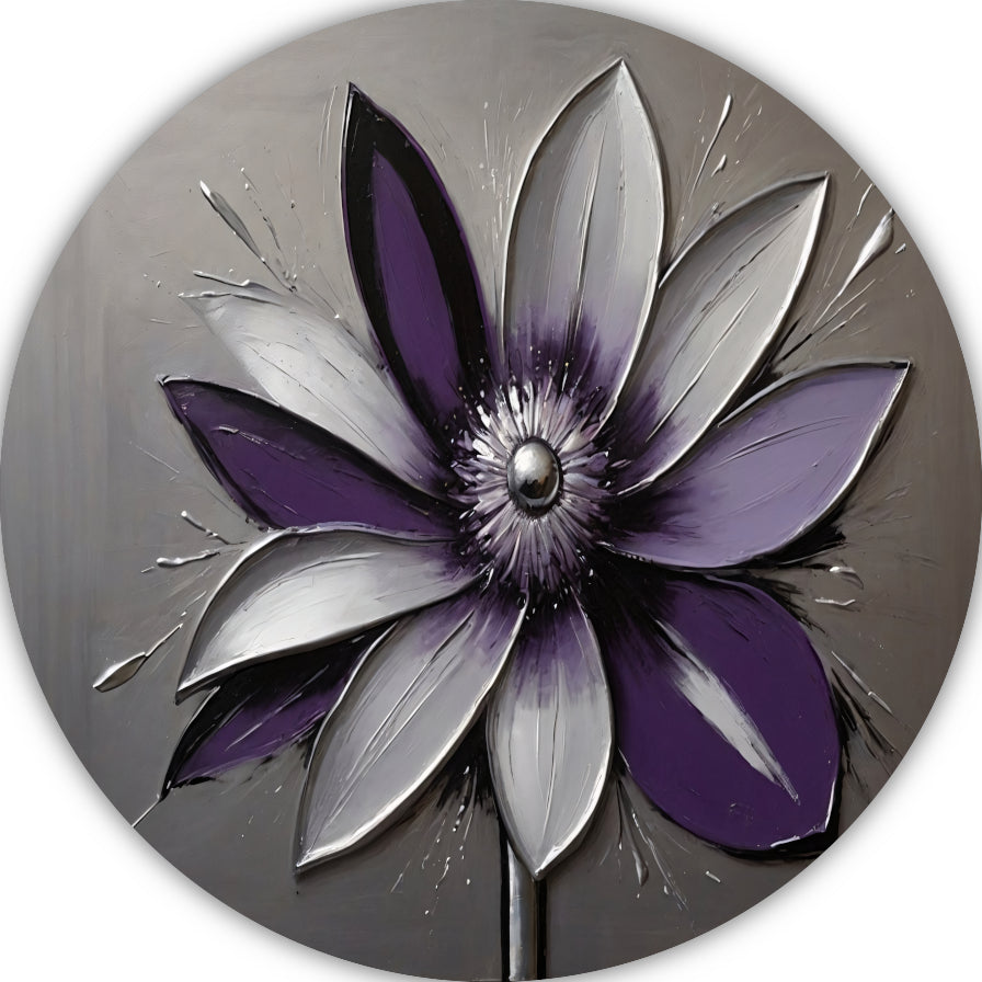 Abstracte Paarse Bloem met Zilveren Accenten aluminium muurcirkel