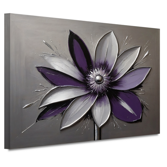 Abstracte Paarse Bloem met Zilveren Accenten canvas
