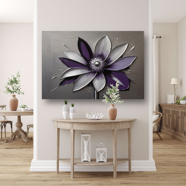 Abstracte Paarse Bloem met Zilveren Accenten canvas