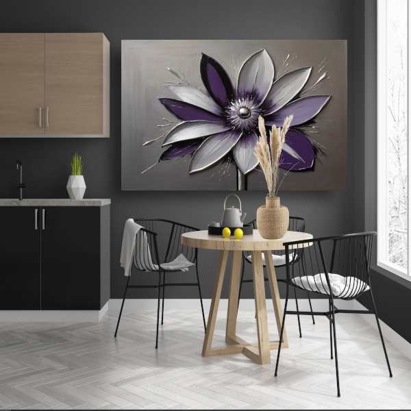 Abstracte Paarse Bloem met Zilveren Accenten canvas met baklijst