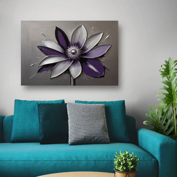 Abstracte Paarse Bloem met Zilveren Accenten canvas met baklijst