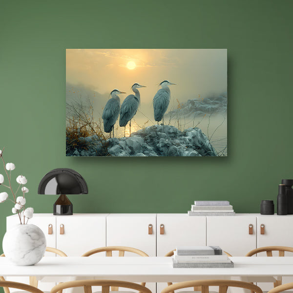 Reigers bij zonsondergang canvas