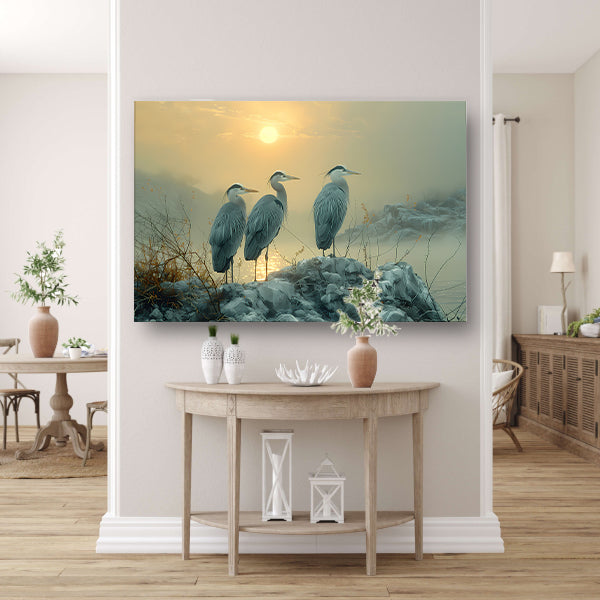 Reigers bij zonsondergang canvas
