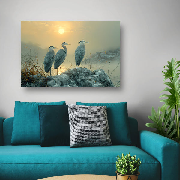 Reigers bij zonsondergang canvas