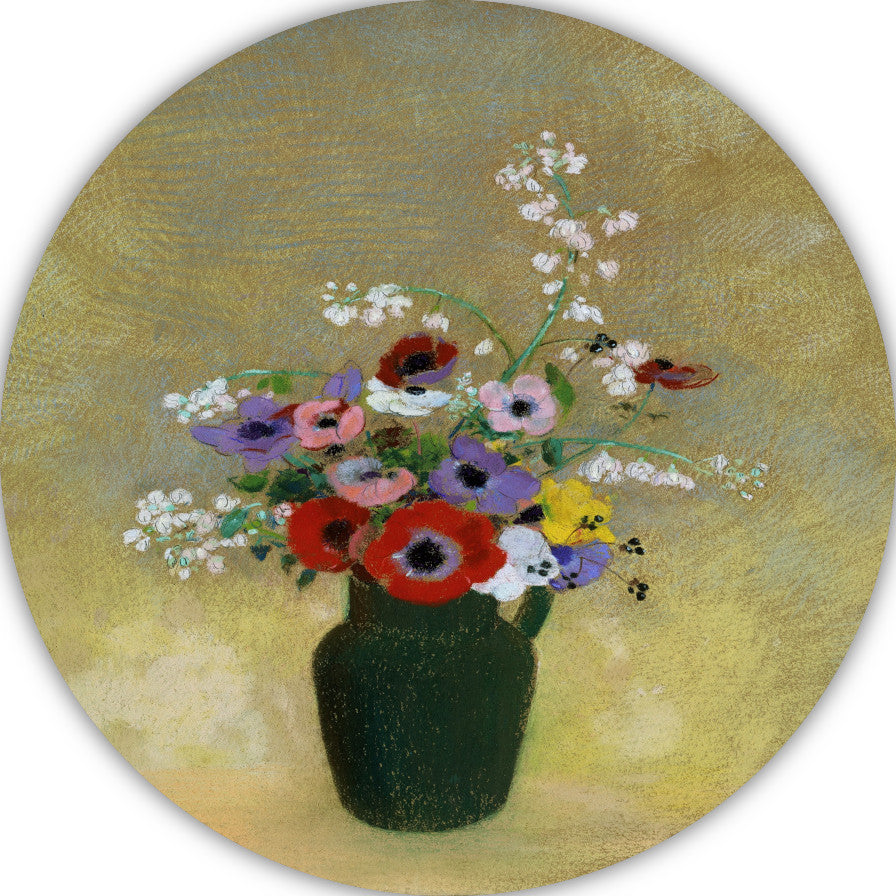 Grote Groene Vaas met Gemengde Bloemen - Odilon Redon aluminium muurcirkel