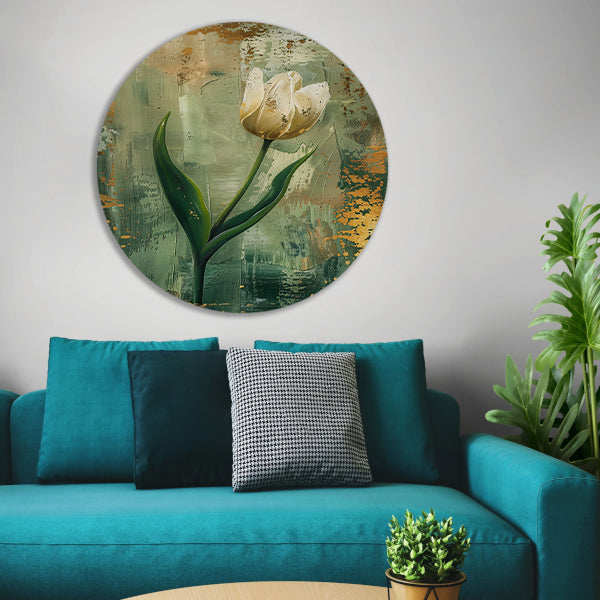 Witte tulp in abstracte expressieve olieverf aluminium muurcirkel
