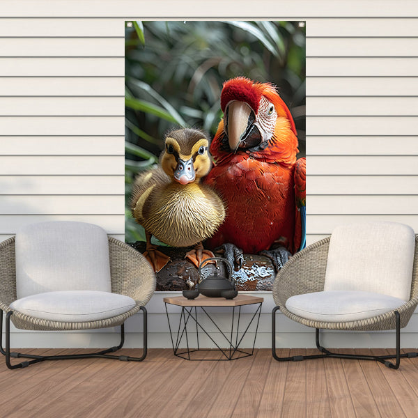 Eendenkuiken en Ara: Een Onverwachte Vriendschap tuinposter