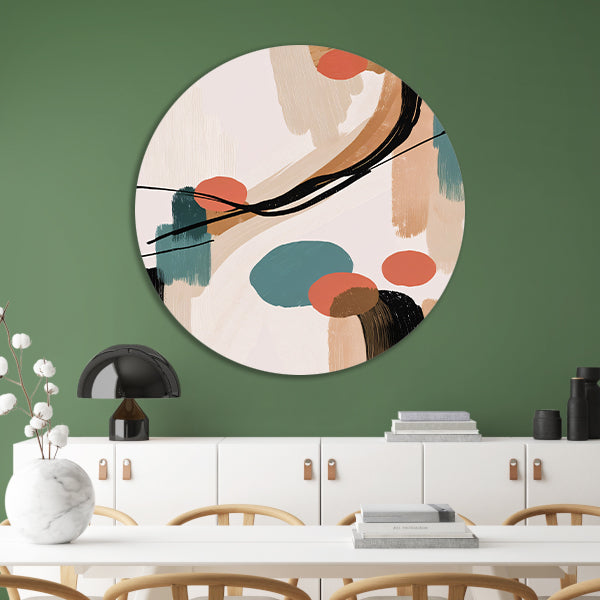 Abstract Japandi stijl schilderij met kleuren aluminium muurcirkel