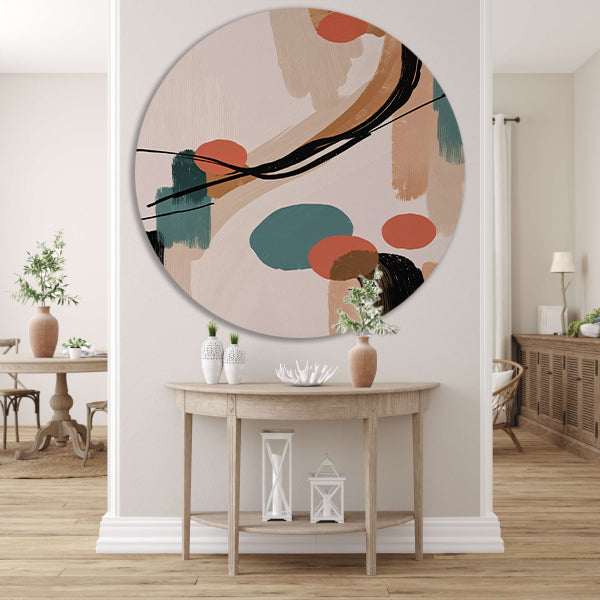 Abstract Japandi stijl schilderij met kleuren aluminium muurcirkel