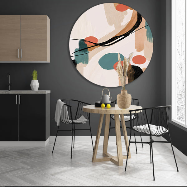 Abstract Japandi stijl schilderij met kleuren aluminium muurcirkel